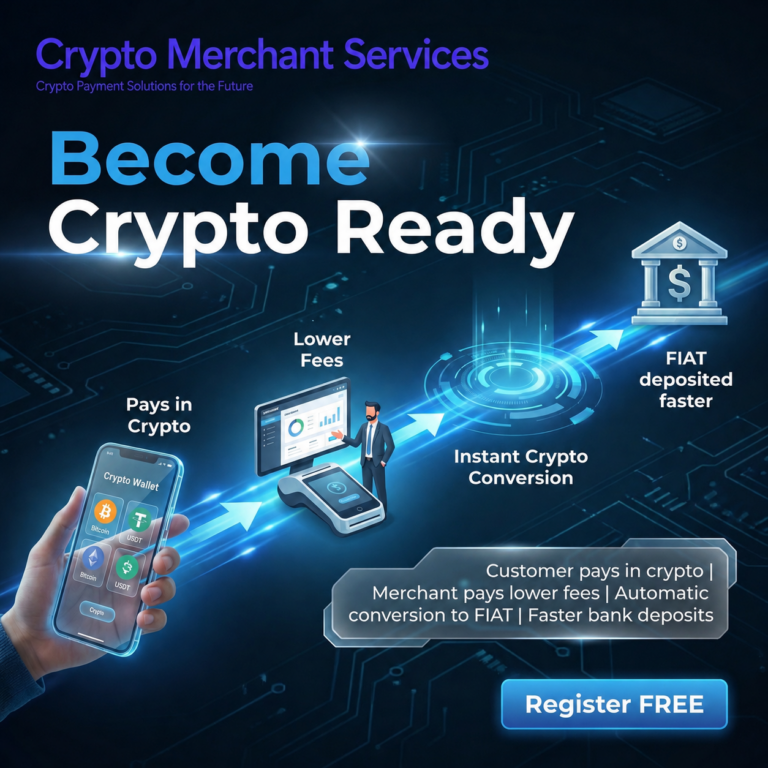 Crypto merchant services infographic showing crypto payments, lower fees, instant fiat conversion, and faster bank deposits.